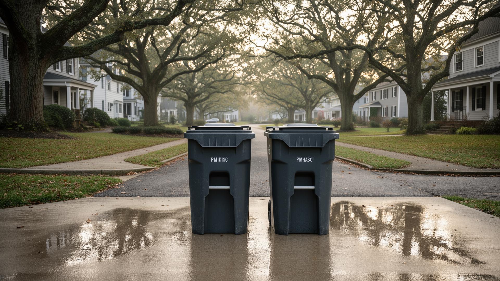 High-pressure power washing a trash bin with foam and water spray